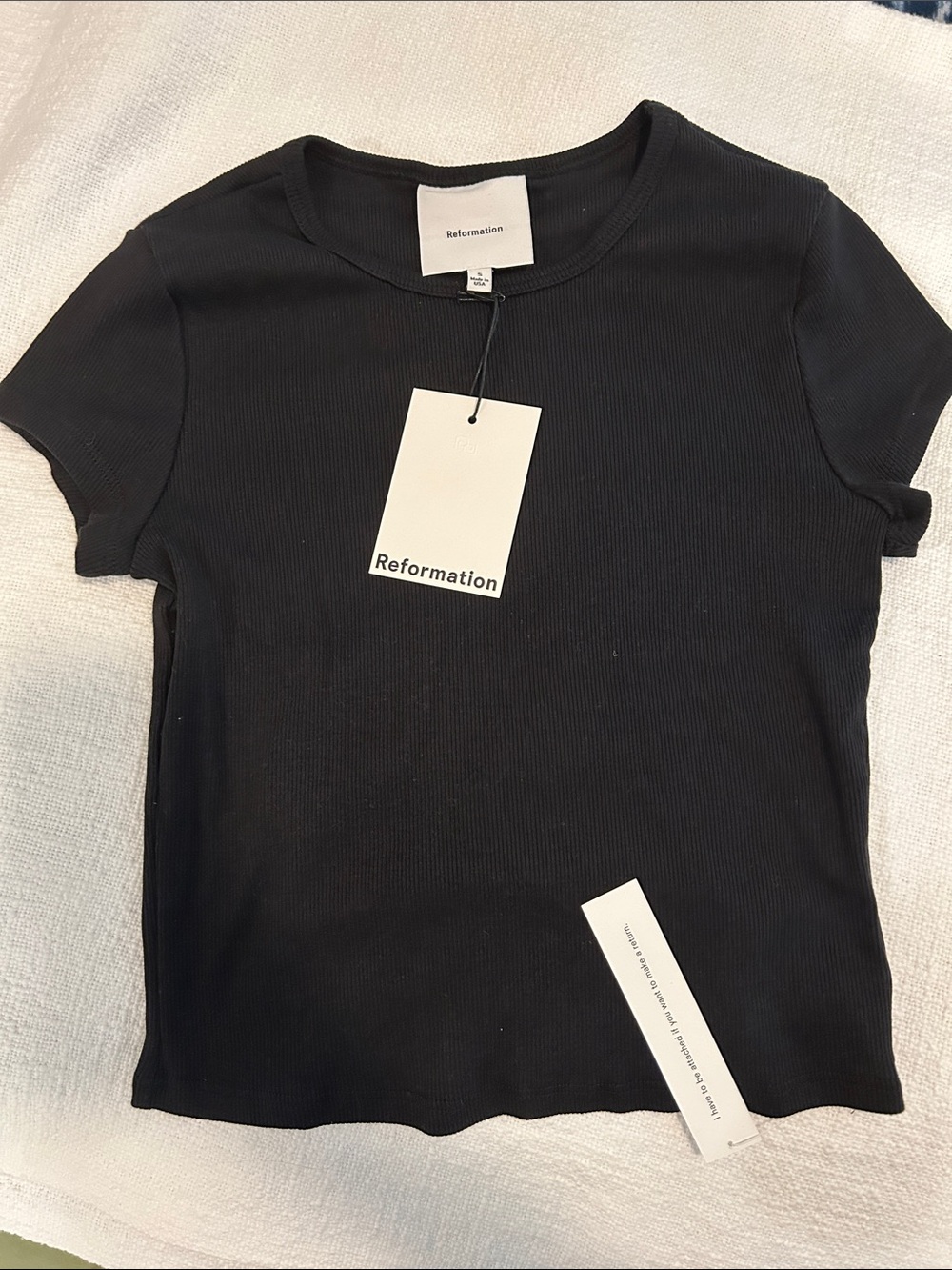 Reformation Black Ribbed Crew Short-Sleeve Tee
